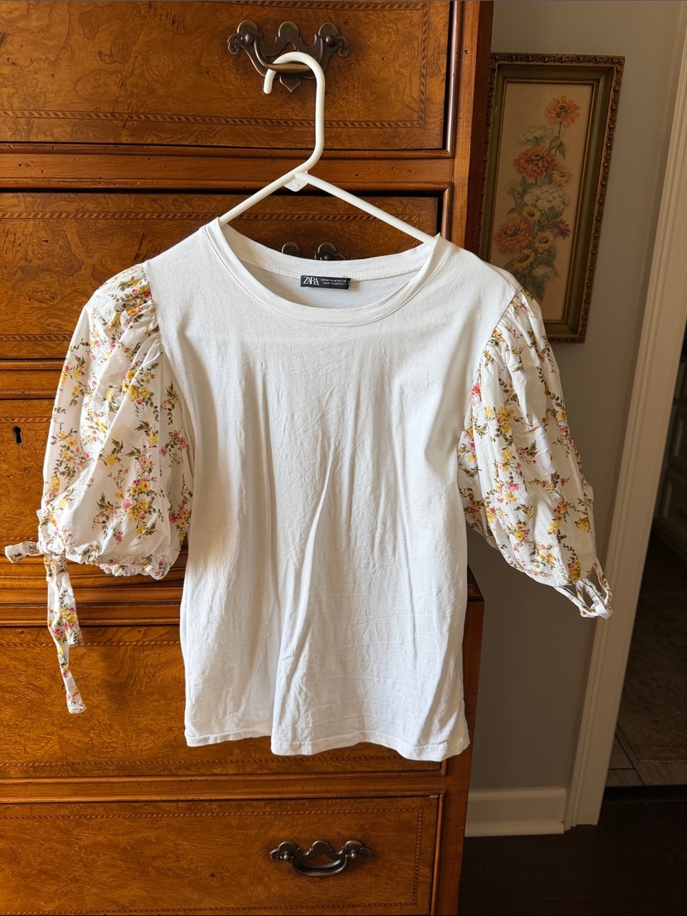 Zara White Tee with Floral Puff Sleeves